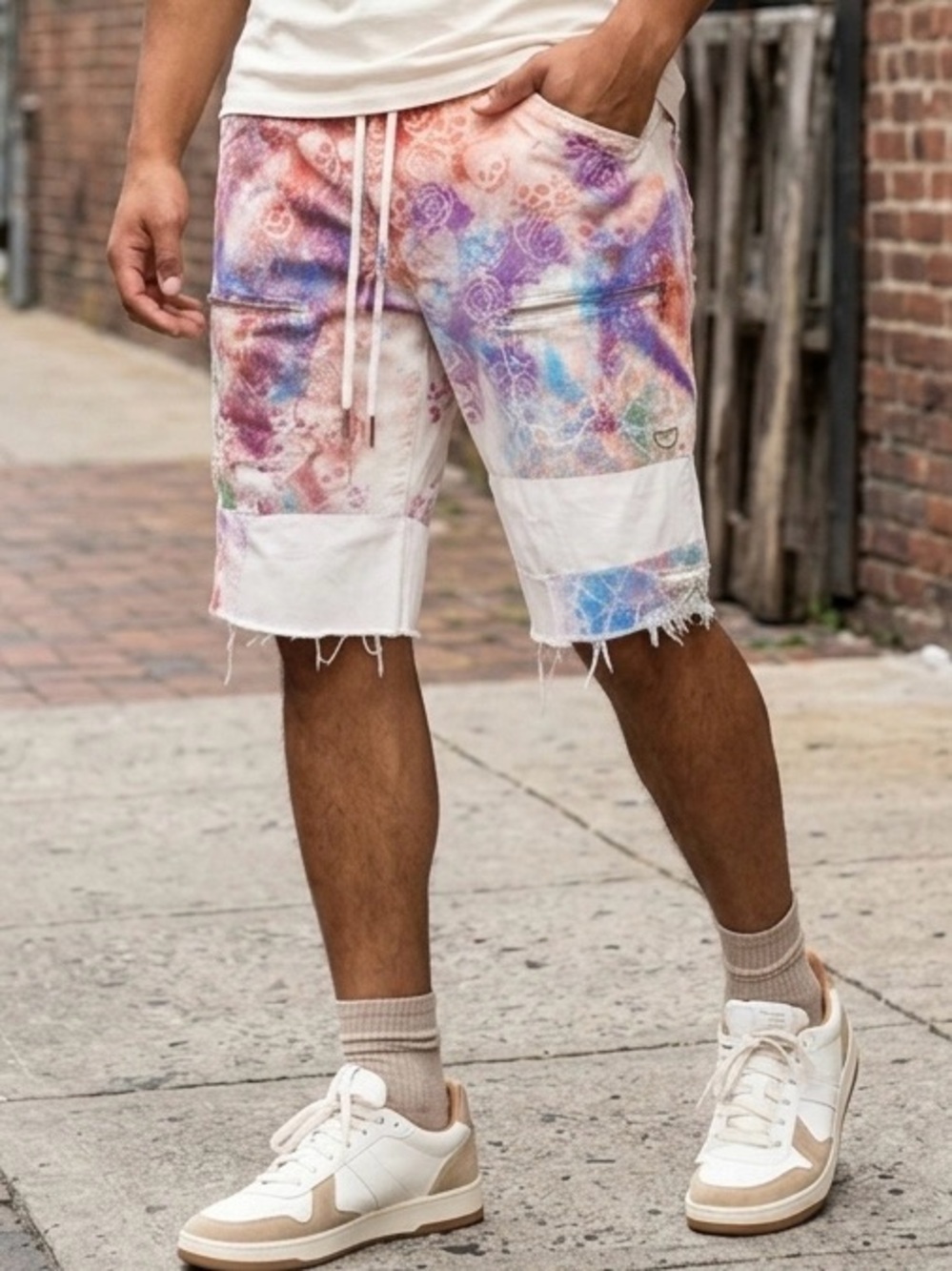 True Religion Skulls & Roses Tie-Dye Distressed Shorts. Streetwear Urban Grunge